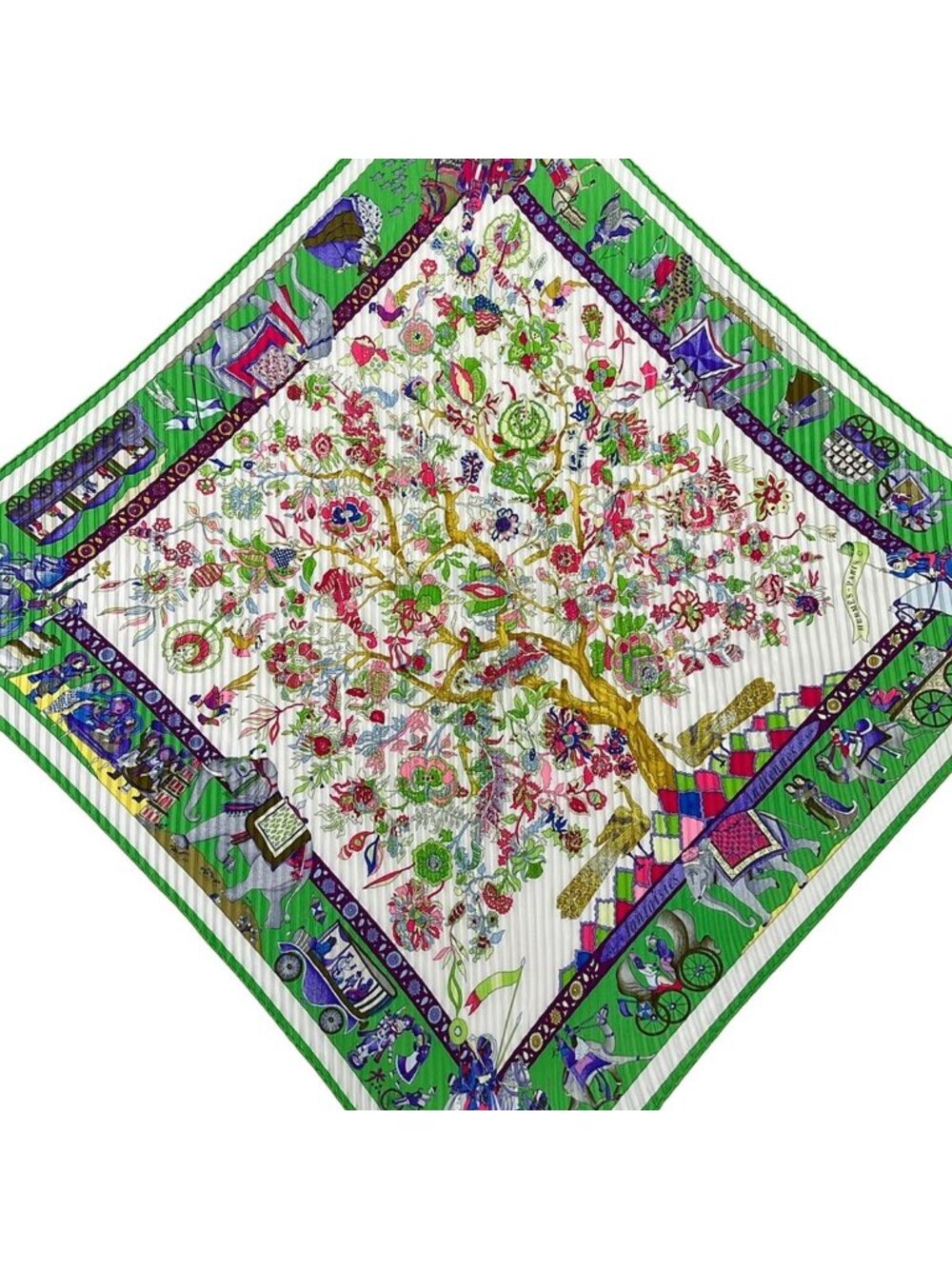 Hermes Scarf Carre Plisse Green White Fantaisies Indiennes